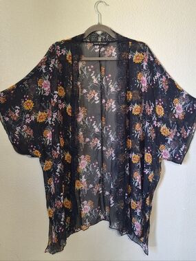 Boho Floral Kimono Small Oversized Sheer Lace Trim Duster Cardigan Festival